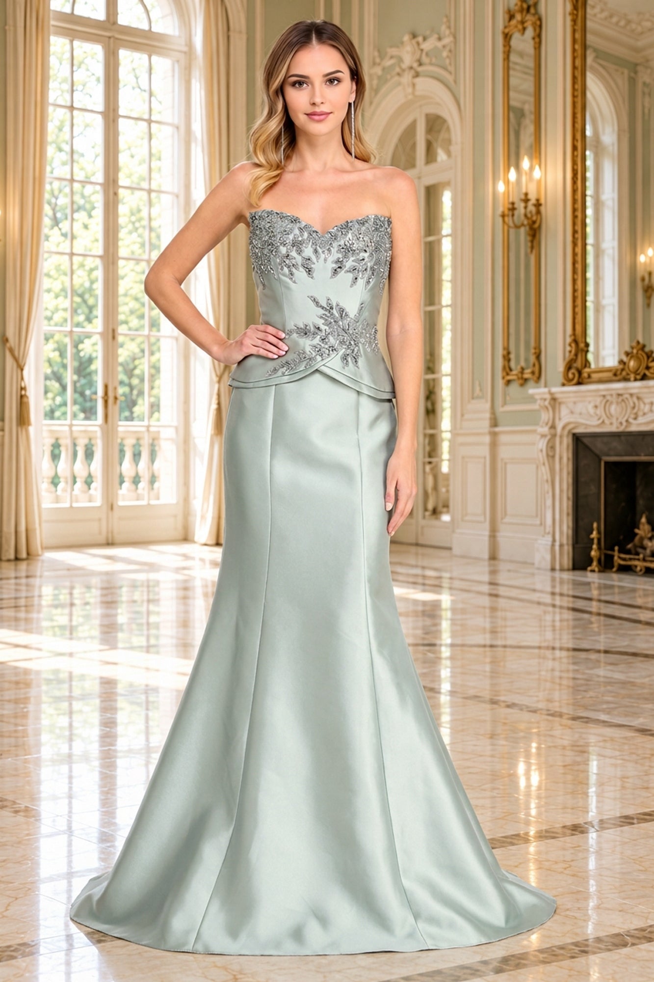 Amelia Couture 2162 sage green strapless evening gown with a sweetheart neckline and silver beaded floral embroidery on the bodice.
